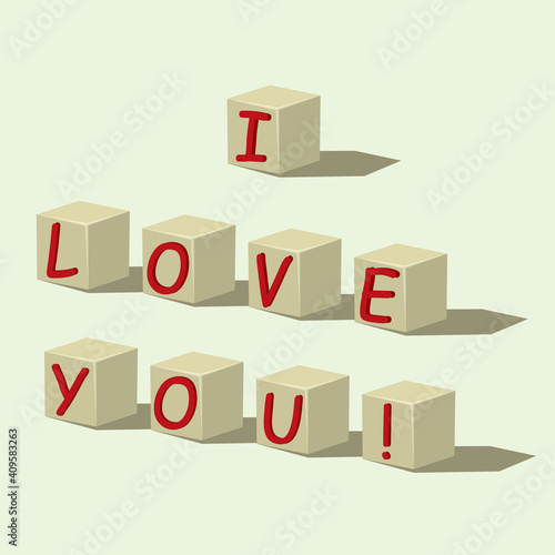 Volumetric alphabet cubes with a love message, flat design, vector illustration, creative poster, Valentine's Day greeting card.