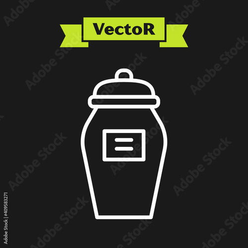 White line Funeral urn icon isolated on black background. Cremation and burial containers, columbarium vases, jars and pots with ashes. Vector.
