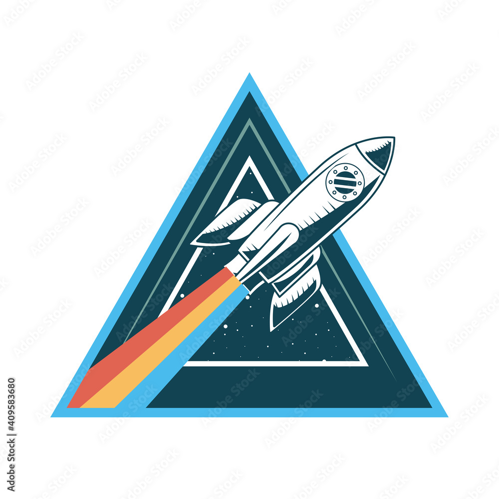 spaceship rocket drawn with rainbow startup in triangular frame