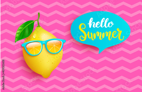 Hipster lemon in orange sunglasses greeting summer on pink vintage background. Welcome banner for hot season. Hello party, fun and picnics. Bright poster with exotic fruit. Vector illustration.