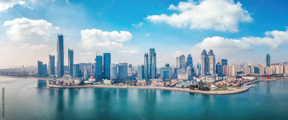 A panoramic aerial view of the architectural landscape and skyline of Qingdao Fushan Bay