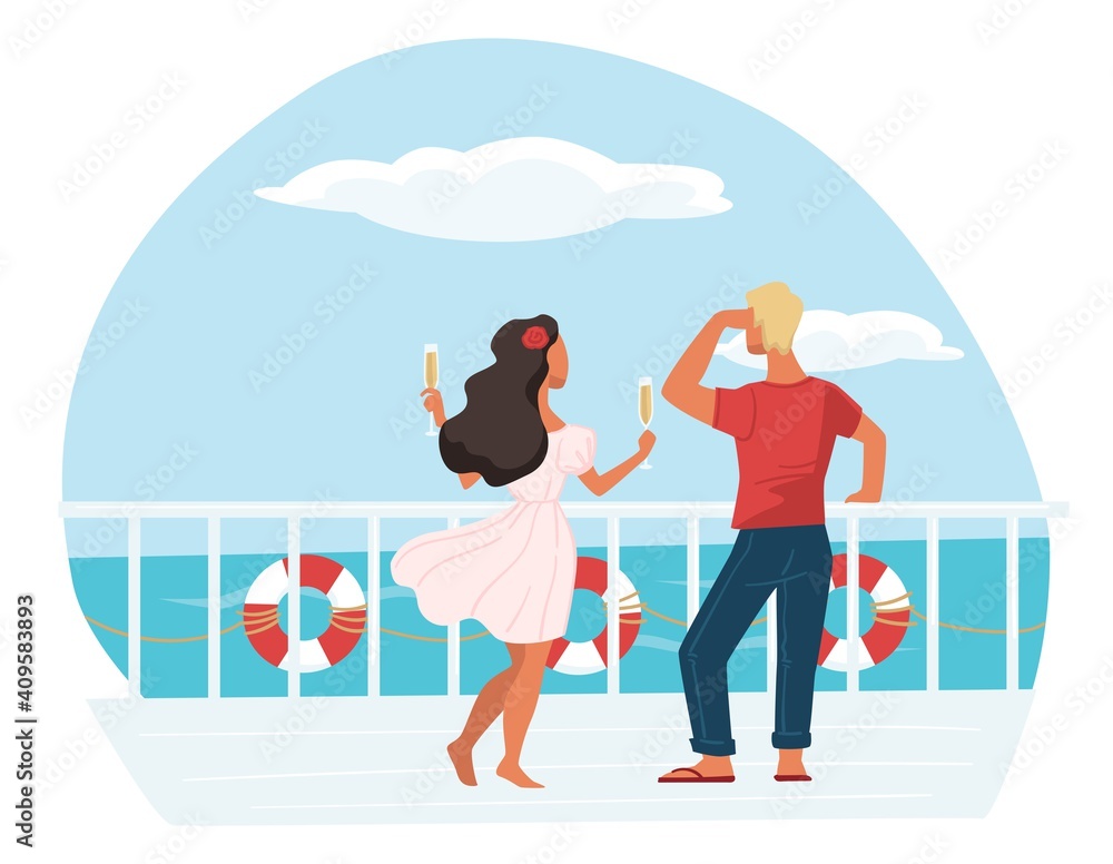 Fototapeta premium Man and woman on cruise liner drinking champagne