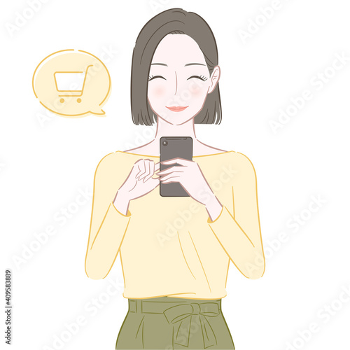 スマホでネットショッピングをする女性のイラスト