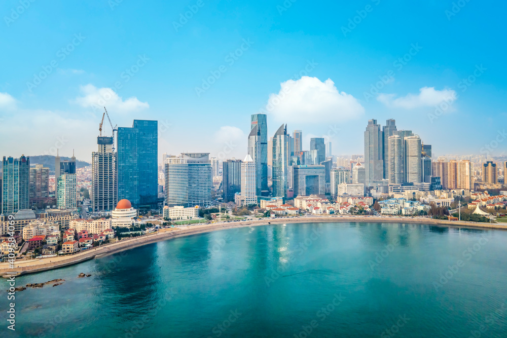 A panoramic aerial view of the architectural landscape and skyline of Qingdao Fushan Bay