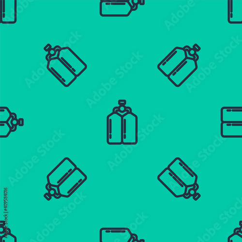Blue line Aqualung icon isolated seamless pattern on green background. Oxygen tank for diver. Diving equipment. Extreme sport. Diving underwater equipment. Vector.