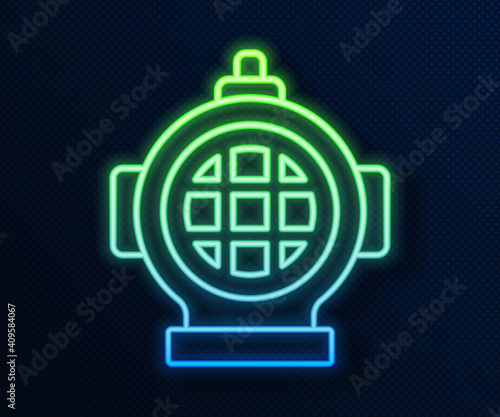 Glowing neon line Aqualung icon isolated on blue background. Diving helmet. Diving underwater equipment. Vector.