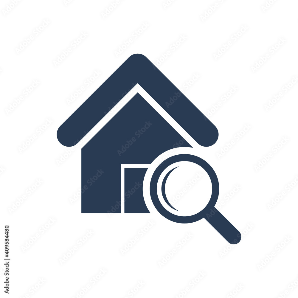 Find Home Icon. Search home, real estate, magnifying, house search, land property icon.