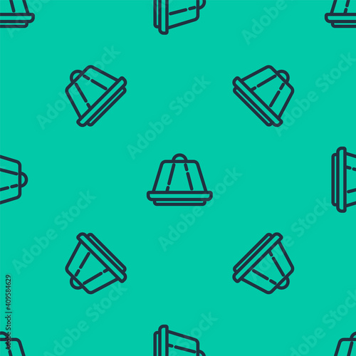 Blue line Pudding custard with caramel glaze icon isolated seamless pattern on green background. Vector.