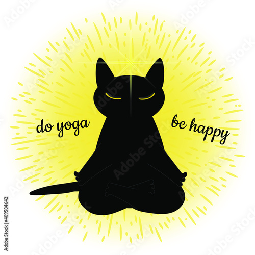 A black cat sits in a lotus position against a backdrop of shining yellow light. Cheerful illustration for printing on cups, t-shirts, pillows. Vector graphics.