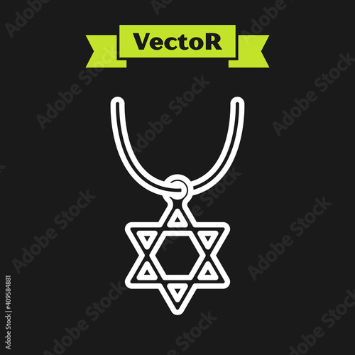 White line Star of David necklace on chain icon isolated on black background. Jewish religion symbol. Symbol of Israel. Jewellery and accessory. Vector.
