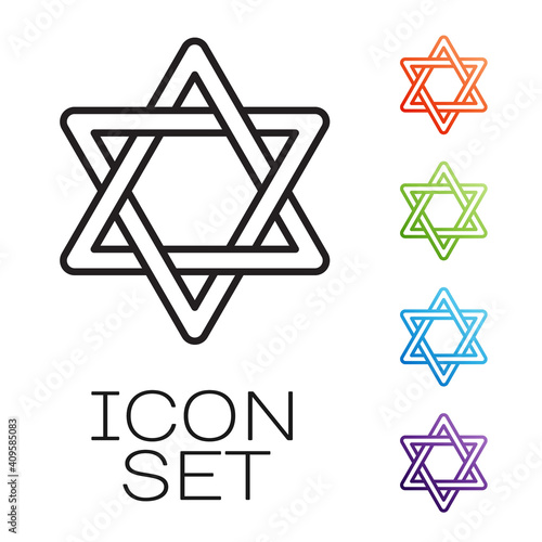 Black line Star of David icon isolated on white background. Jewish religion symbol. Symbol of Israel. Set icons colorful. Vector.