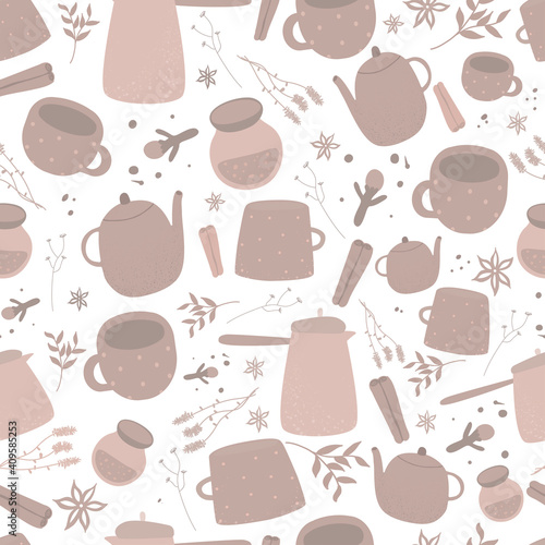 Coffee and tea seamless pattern of coffee cups, teapot, cup of tea, coffee pot, makers for cafeteria design. Vector background of teapot, cup of tea, coffee pot, cinnamon, cloves, coriander