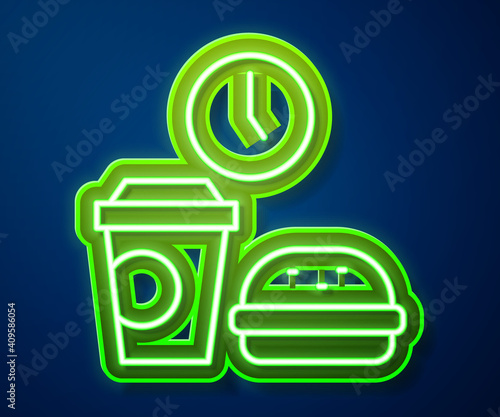 Glowing neon line Fast food time icon isolated on blue background. Vector.