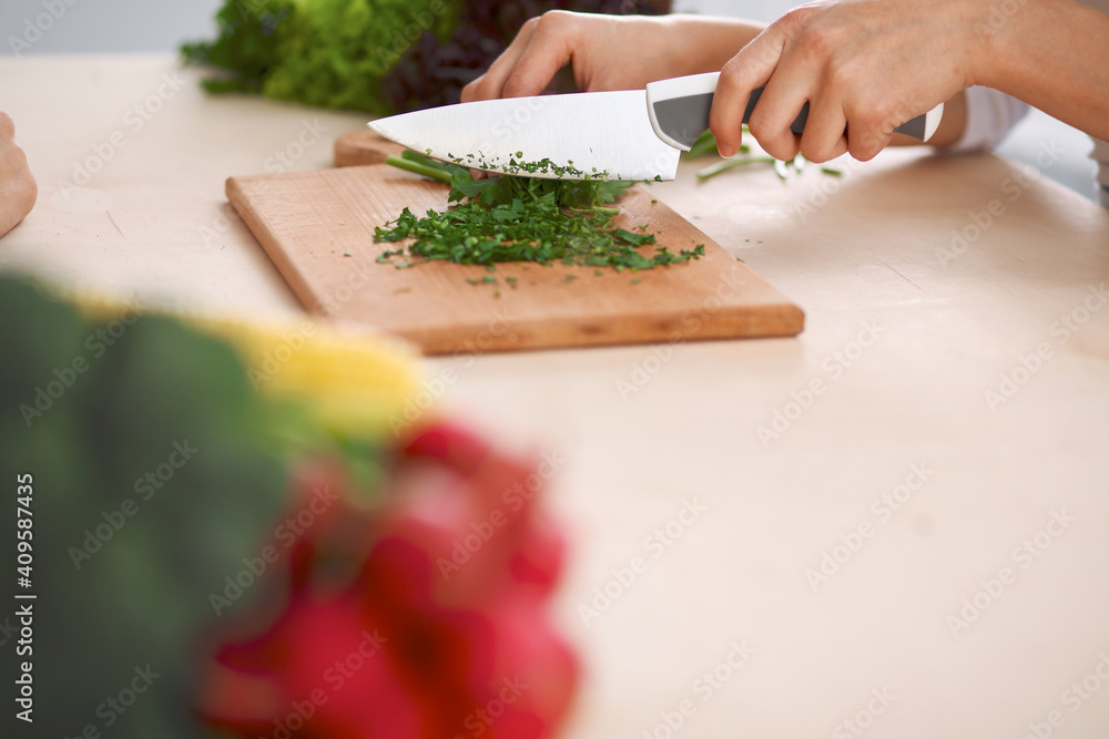Close-up of human hands cooking vegetables salad in kitchen. Healthy meal and vegetarian concept Close-up of human hands cooking vegetables salad in kitchen. Healthy meal and vegetarian concept