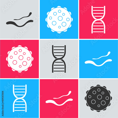 Set Ebola virus disease, Virus and DNA symbol icon. Vector.