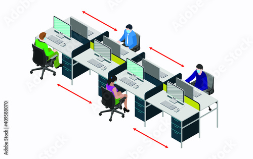 Wearing Mask at Office. Social distancing at office workstation. Employees are working together on desk with maintaining distance for covid 19 virus. Vector illustration of workstation signage.