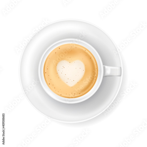 Top view at white coffee cup on plate. Realistic vector illustration of hot coffee drink mug - cappucino or latte. 3d caffeine latte art beverage element for cafe menu