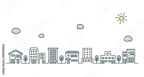 街並みのイラスト　シンプル　空　線　背景　おしゃれ　アイコン　町　ビル　風景　都会