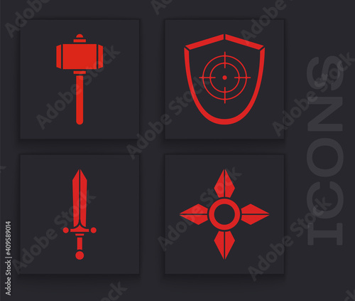 Set Japanese ninja shuriken, Battle hammer, Target sport and Medieval sword icon. Vector.