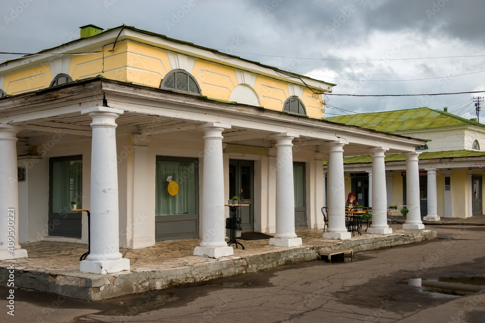 Kostroma,  Golden Ring of Russia. Famous Shopping Arcades (Ranks) with Savior Church next to the Central Market (Tsentral'nyy Rynok) in the city center of the Russian town