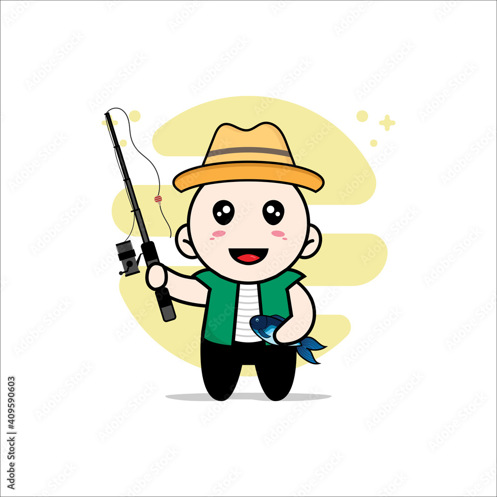Cute men character holding a fishing rod.