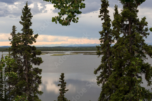 Lake in Alaska seen through the forest trees