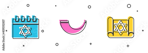 Set Jewish calendar, Traditional ram horn, shofar and Torah scroll icon. Vector.