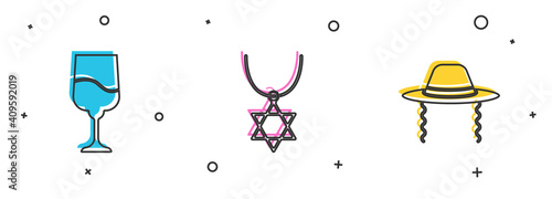Set Jewish goblet, Star of David necklace on chain and Orthodox jewish hat icon. Vector.