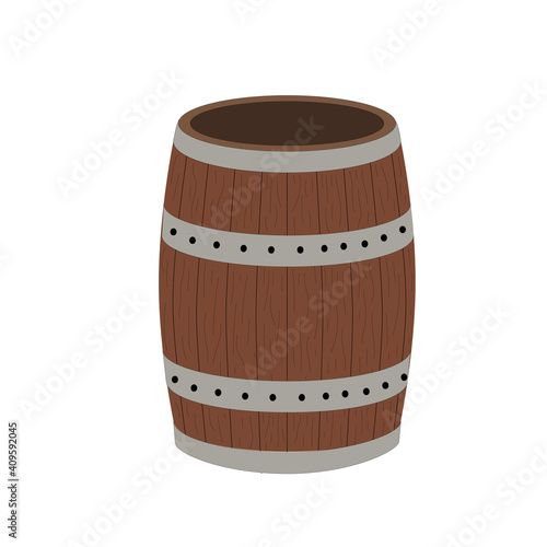 Wooden empty barrel with metal hoops. Agriculture storage equipment. Stock vector flat illustration isolated on white background.
