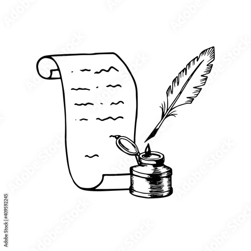 Paper scroll inkwell nib vintage ink pen. Literature poetry writing symbol. Hand drawn engraving black sketch outline. Ancient writing material. Stock vector illustration isolated on white background.