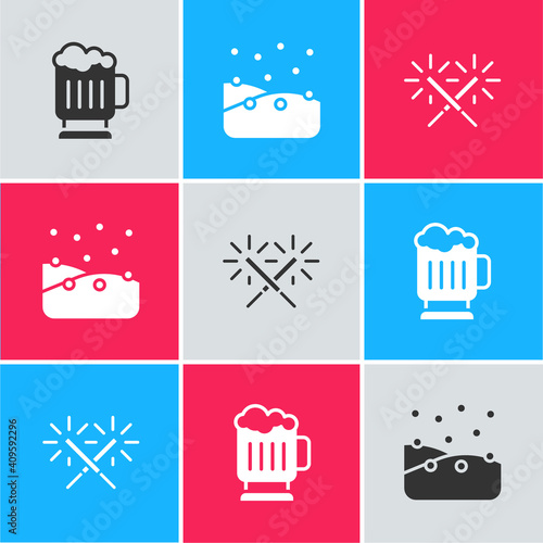 Set Wooden beer mug, Snowfall and Sparkler firework icon. Vector.