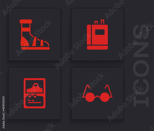 Set Eyeglasses, Slippers with socks, Book and Card game icon. Vector.