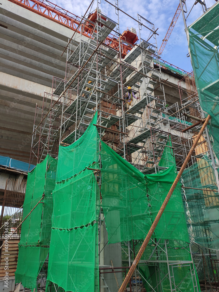 SHAH ALAM, MALAYSIA -AUGUST 8, 2020: Temporary staircase and falsework ...