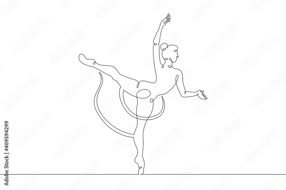 Young dancer ballerina in a costume, stands on pointe shoes. Chef cook in uniform.One continuous drawing line  logo single hand drawn art doodle isolated minimal illustration.