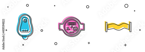 Set Toilet urinal or pissoir, Water meter and Industry metallic pipe icon. Vector.