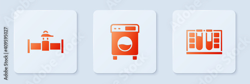 Set Washer, Industry pipe and valve and Test tube with water drop. White square button. Vector.
