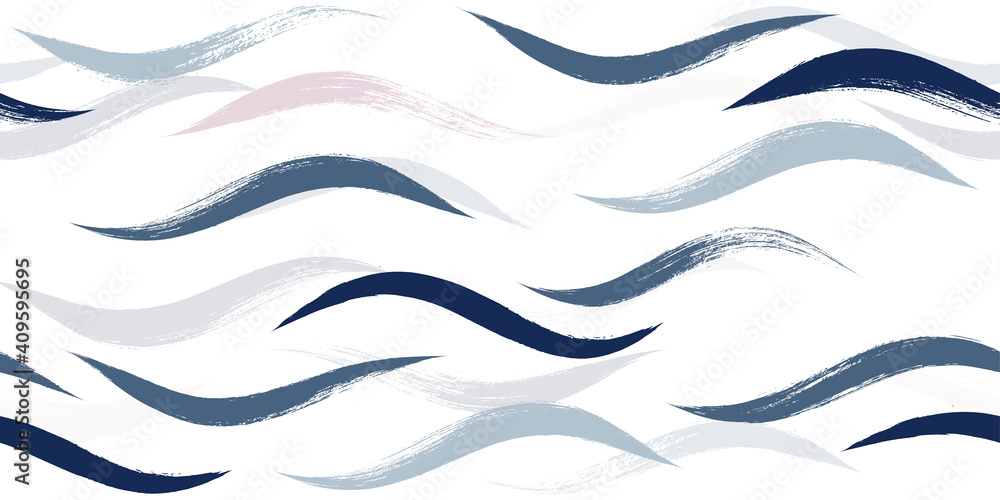 Fototapeta premium Seamless Wave Pattern, Hand drawn water sea modern vector background. Wavy beach brush stroke, curly grunge paint lines, watercolor illustration