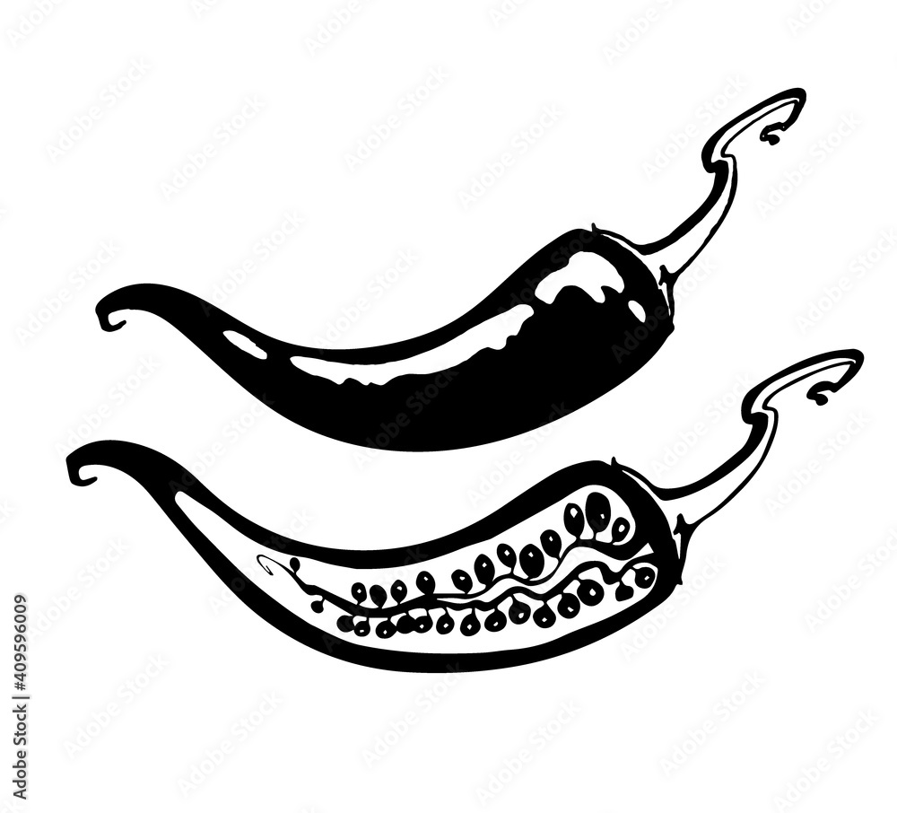 Vector drawing hot pepper black and white graphics, sliced pepper
