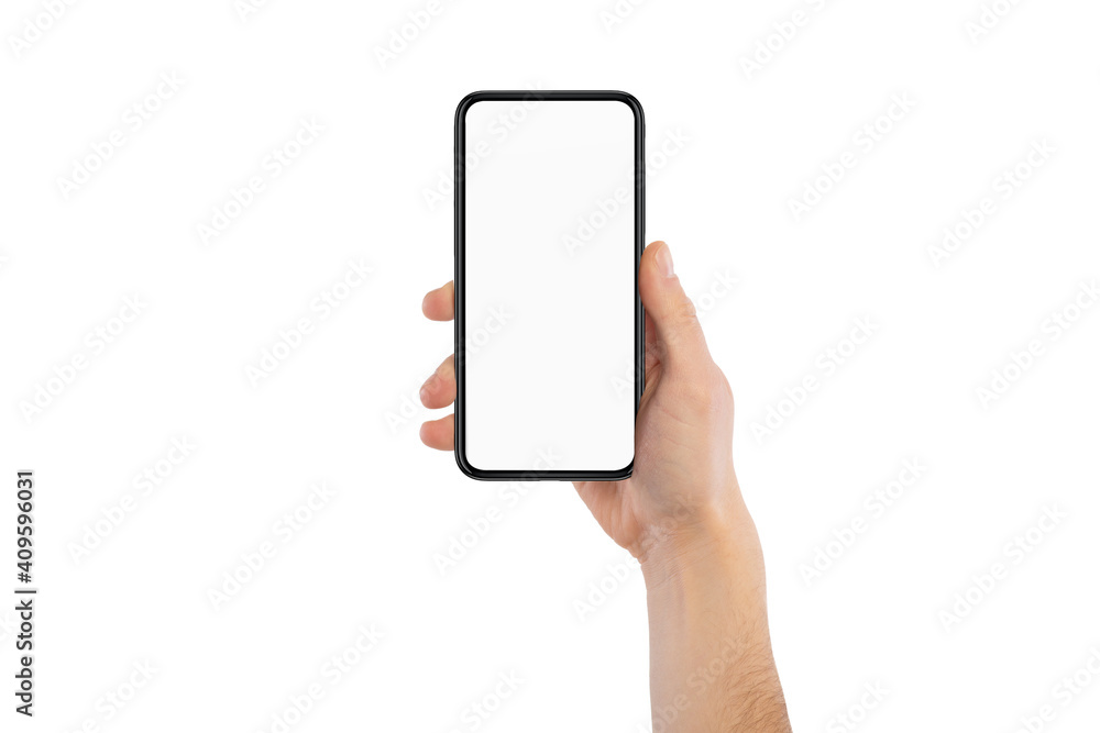 Male hand holding cellphone with white blank empty screen - obrazy, fototapety, plakaty 