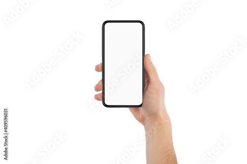 Male hand holding cellphone with white blank empty screen