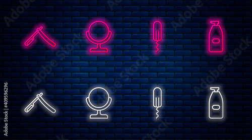Set line Round makeup mirror, Sanitary tampon, Straight razor and Bottle of liquid antibacterial soap. Glowing neon icon on brick wall. Vector.