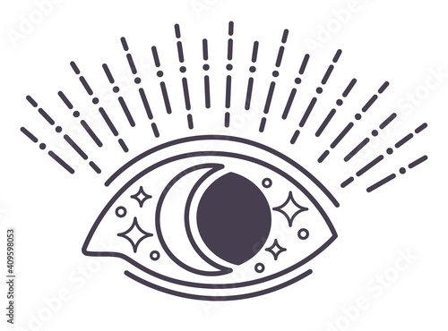 Seeing eye of moon and sun, stars and rays vector