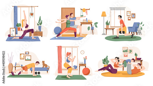 People working out at home, isolated set of personages leading active lifestyle. Training male and female, yoga and pilates, push ups and weightlifting. Cartoon character, vector in flat style