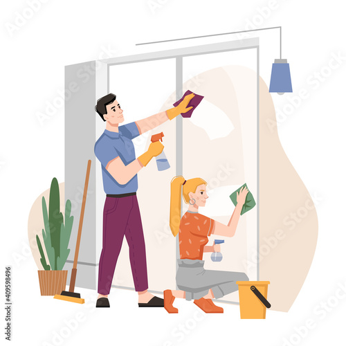 Couple washing windows at home together. Vector housework chores, husband and wife doing house work domestic duties. Family cleaning and tidying up flat, housekeeping routine, people in gloves
