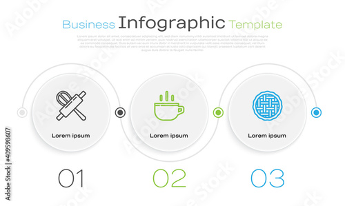 Set line Kitchen whisk and rolling pin, Coffee cup and Homemade pie. Business infographic template. Vector.