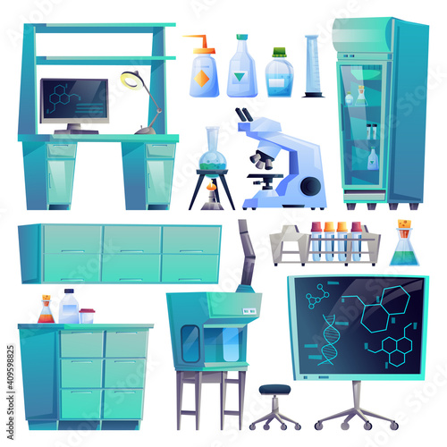 Laboratory equipment set isolated medical furniture, diagnostic computers and test tubes. Vector pharmacy tables and chairs, desk with dna graphics, microscope and pharmacology bottles, beakers