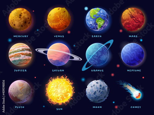 Solar System planets set. Moon, Sun and comet icons isolated on starry sky background. Vector outer space gas giants Jupiter and Saturn, ice Uranus Neptune, Pluto. Rocky Mercury, Venus and Earth, Mars