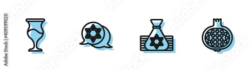 Set line Jewish money bag, goblet, Star of David and Pomegranate icon. Vector.