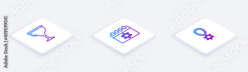 Set Isometric line Jewish goblet, calendar and Star of David necklace on chain. White square button. Vector.
