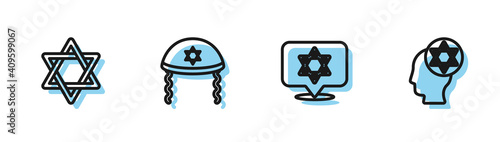 Set line Star of David, , Jewish kippah and Orthodox jewish hat icon. Vector.